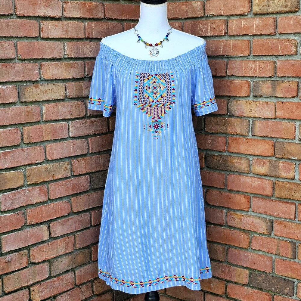 Andree by UNIT Dress. Blue White Striped Colorful Southwestern Embroidery Size M - Picture 3 of 15